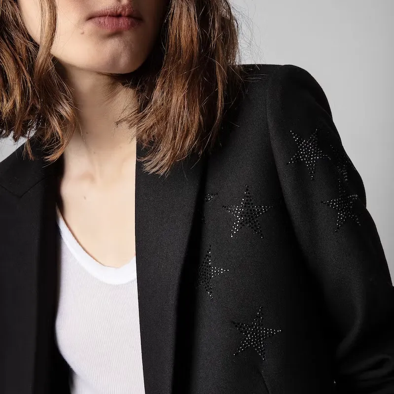 Tailored Blazer Peak Lapel Rhinestone Stars - Black