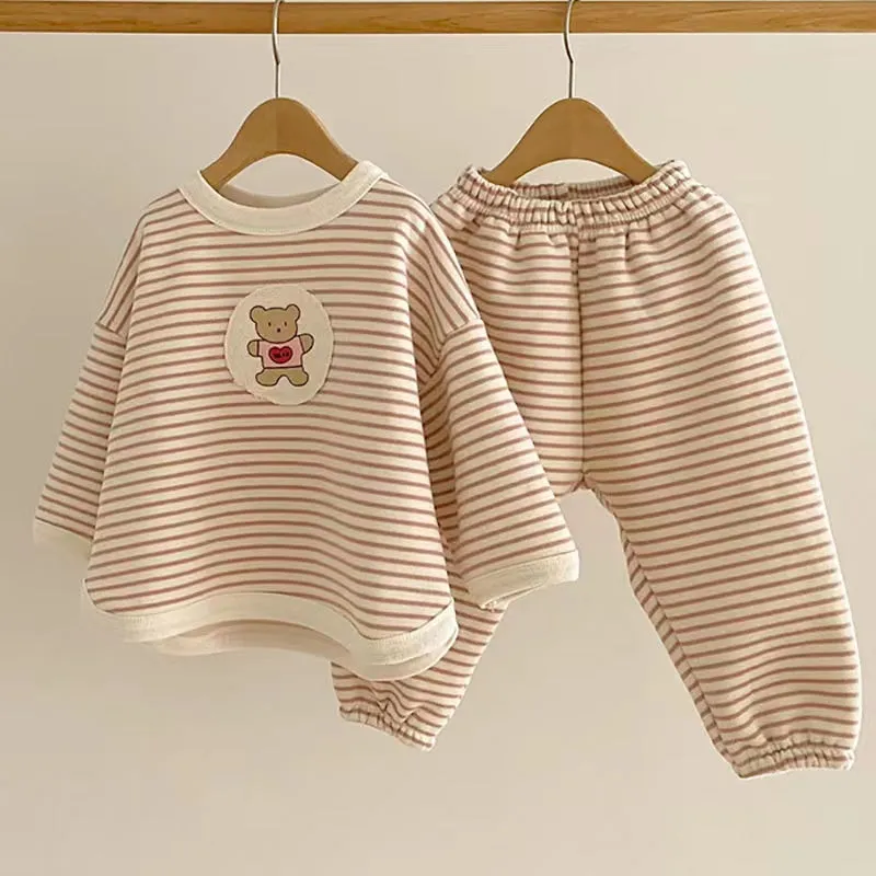 Teddy Bear Stripes Casual Sweatshirt Set