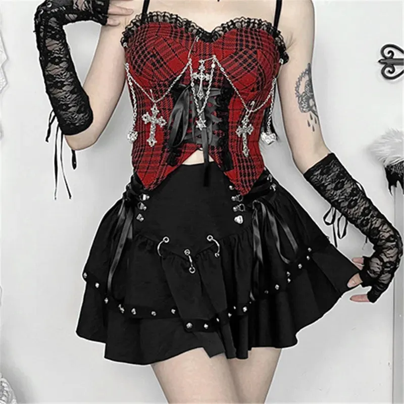 Trend4us Women's Gothic Lace-Up Studded Mini Skirt