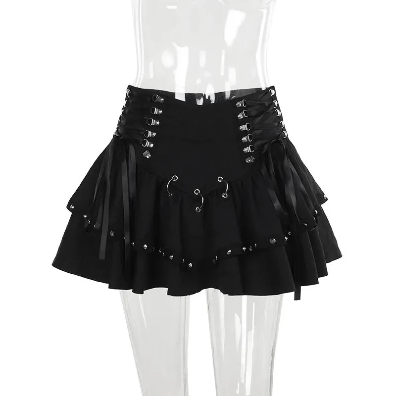 Trend4us Women's Gothic Lace-Up Studded Mini Skirt