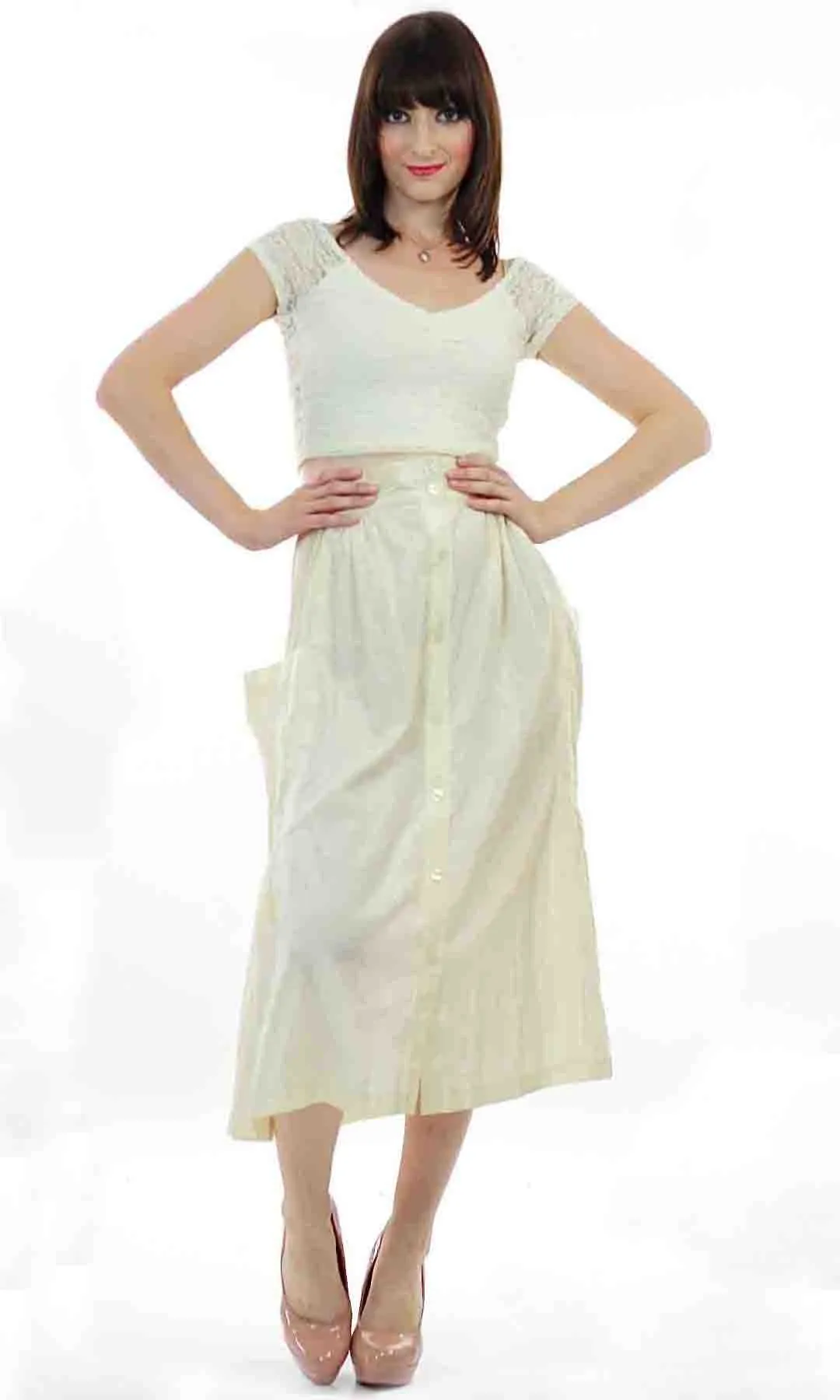 Vintage 80s  Boho white pleated party maxi skirt