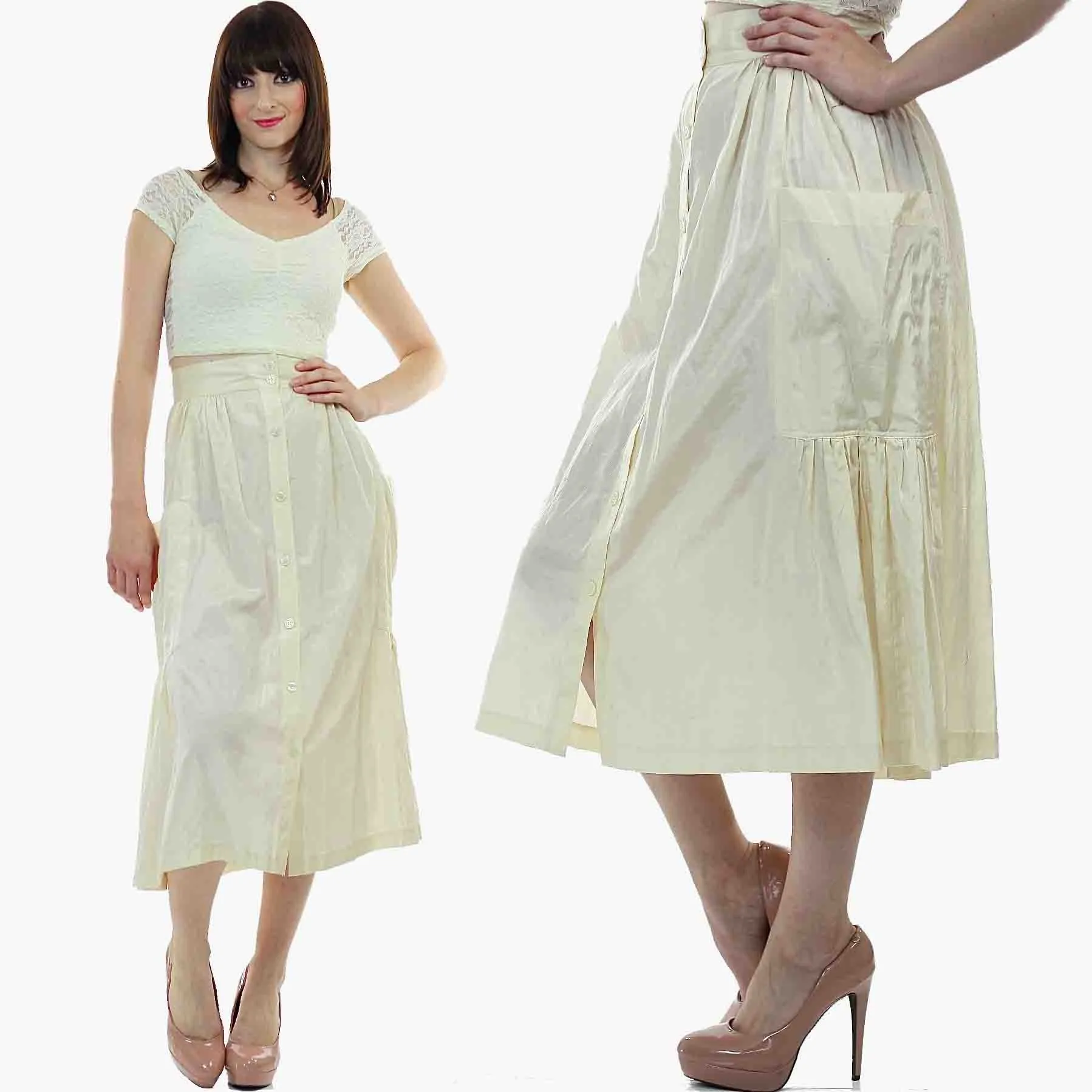 Vintage 80s  Boho white pleated party maxi skirt
