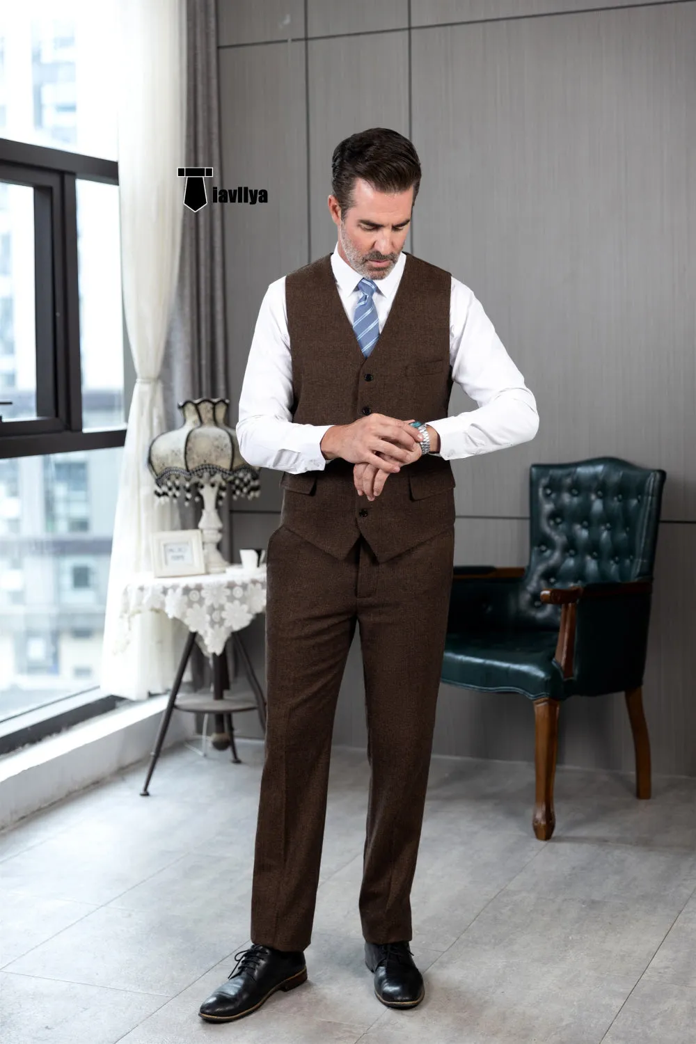 Vintage Classical 2 Pieces Mens Suit Herringbone V Neck Vest Suit For Wedding (Vest   Pants)