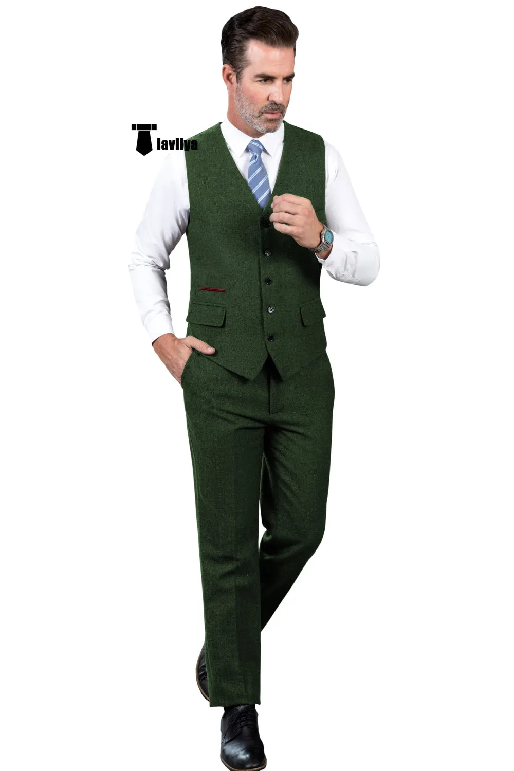 Vintage Classical 2 Pieces Mens Suit Herringbone V Neck Vest Suit For Wedding (Vest   Pants)
