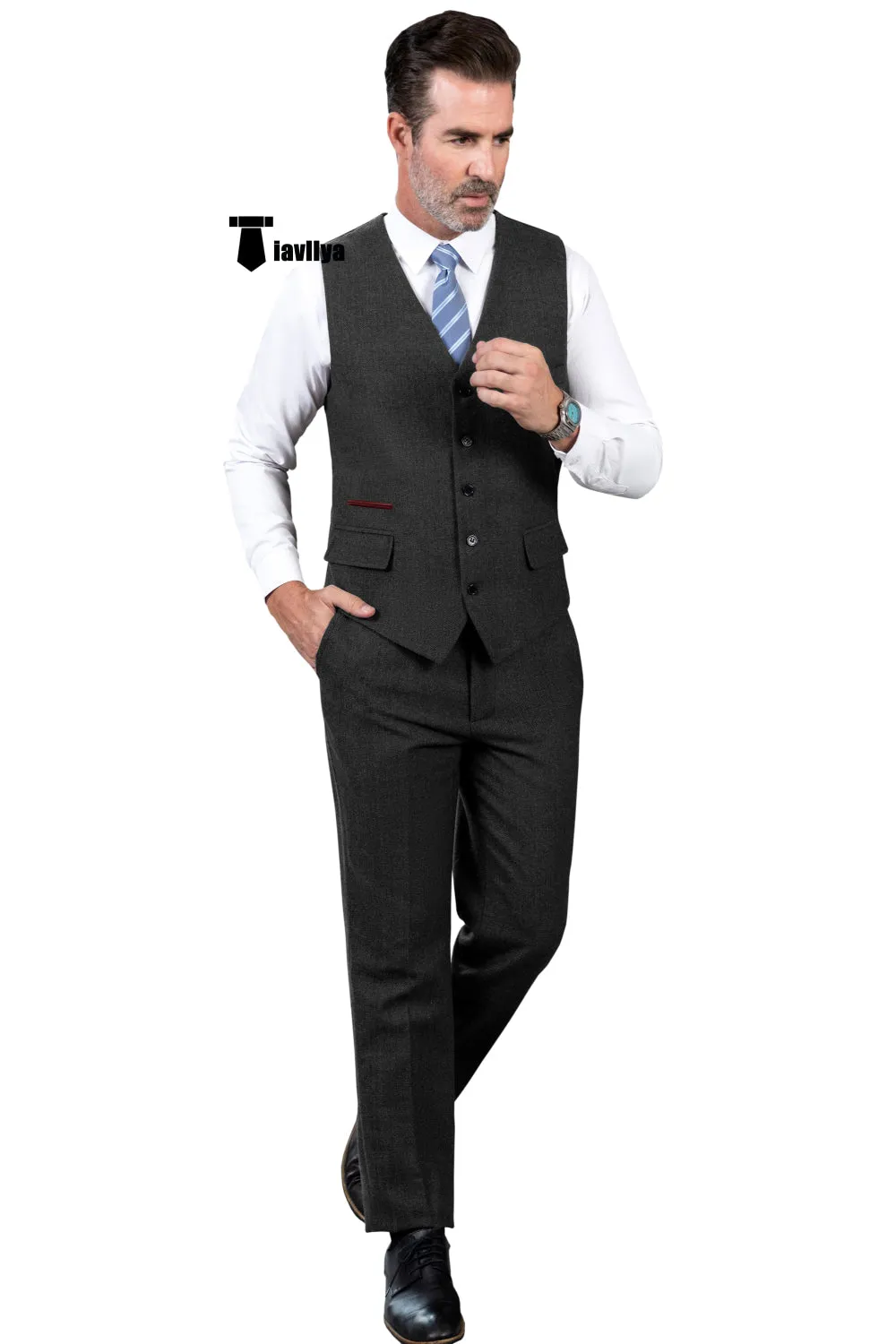 Vintage Classical 2 Pieces Mens Suit Herringbone V Neck Vest Suit For Wedding (Vest   Pants)