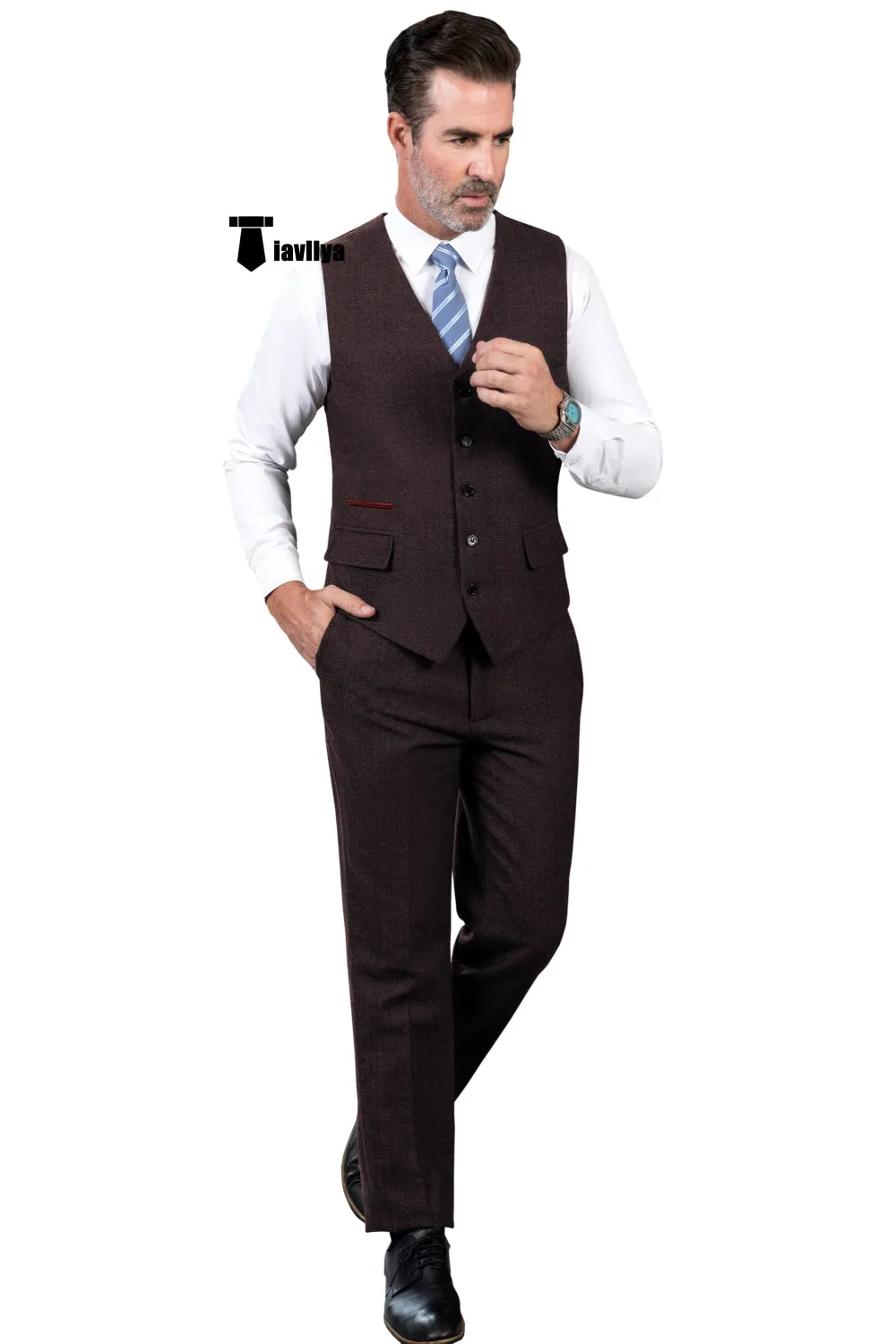 Vintage Classical 2 Pieces Mens Suit Herringbone V Neck Vest Suit For Wedding (Vest   Pants)