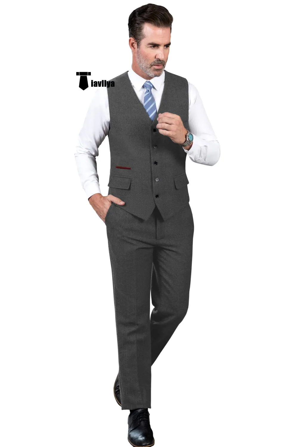 Vintage Classical 2 Pieces Mens Suit Herringbone V Neck Vest Suit For Wedding (Vest   Pants)
