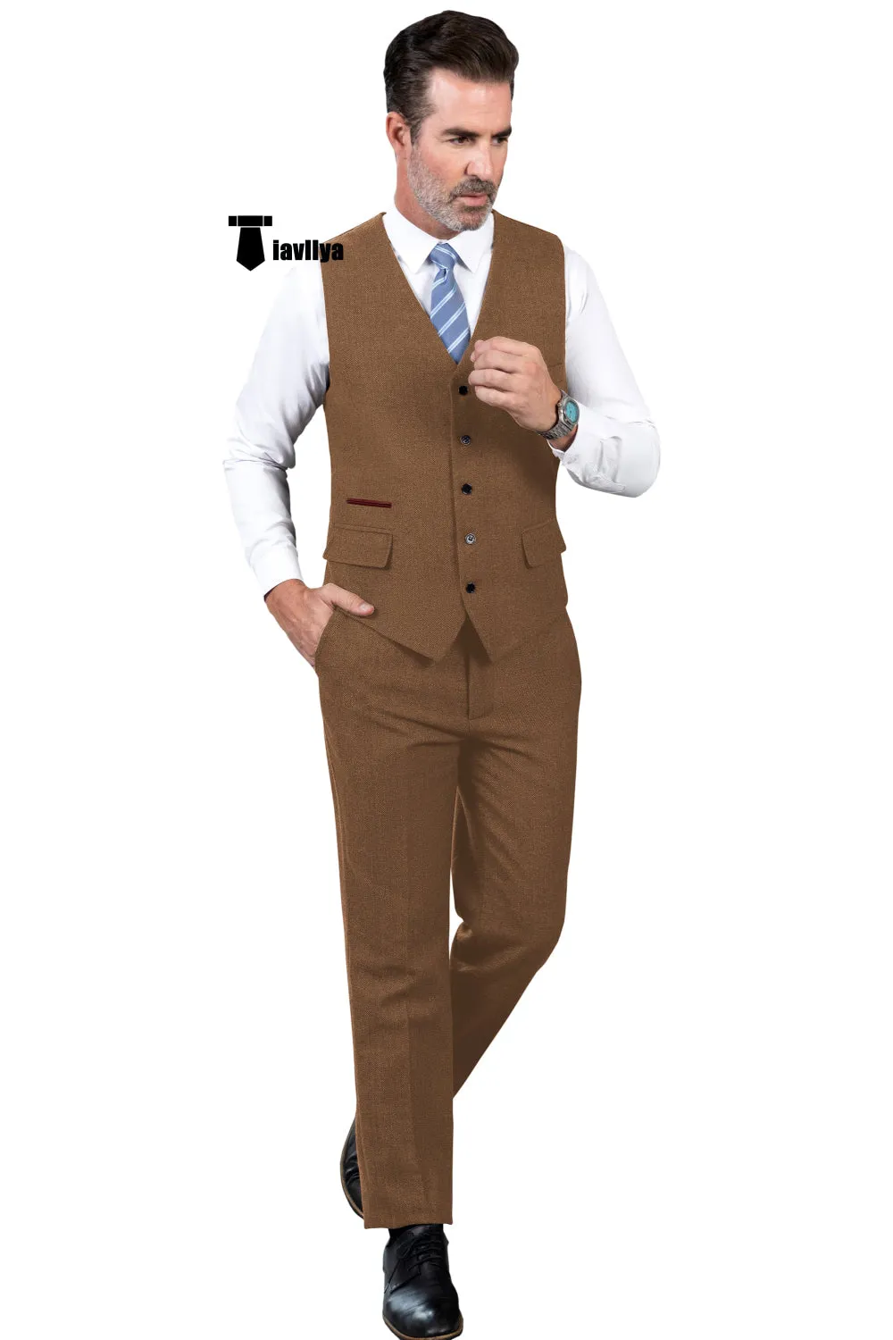 Vintage Classical 2 Pieces Mens Suit Herringbone V Neck Vest Suit For Wedding (Vest   Pants)