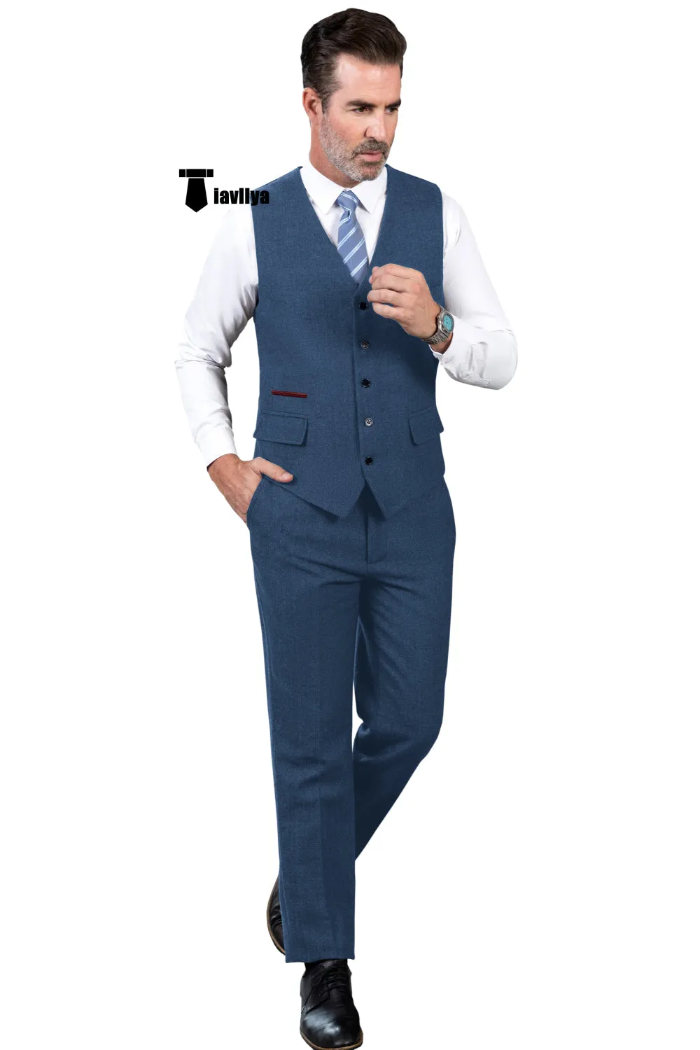 Vintage Classical 2 Pieces Mens Suit Herringbone V Neck Vest Suit For Wedding (Vest   Pants)