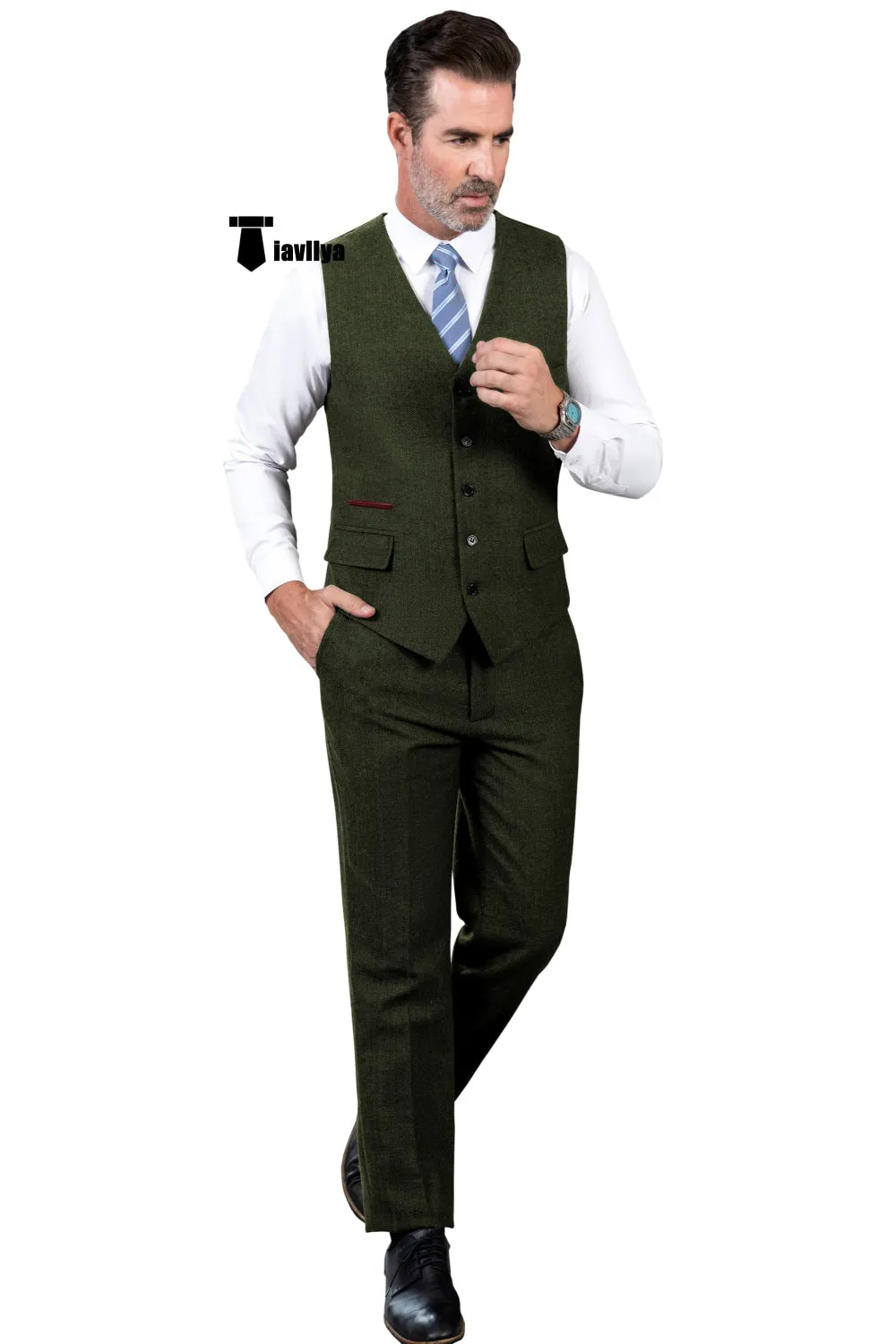 Vintage Classical 2 Pieces Mens Suit Herringbone V Neck Vest Suit For Wedding (Vest   Pants)