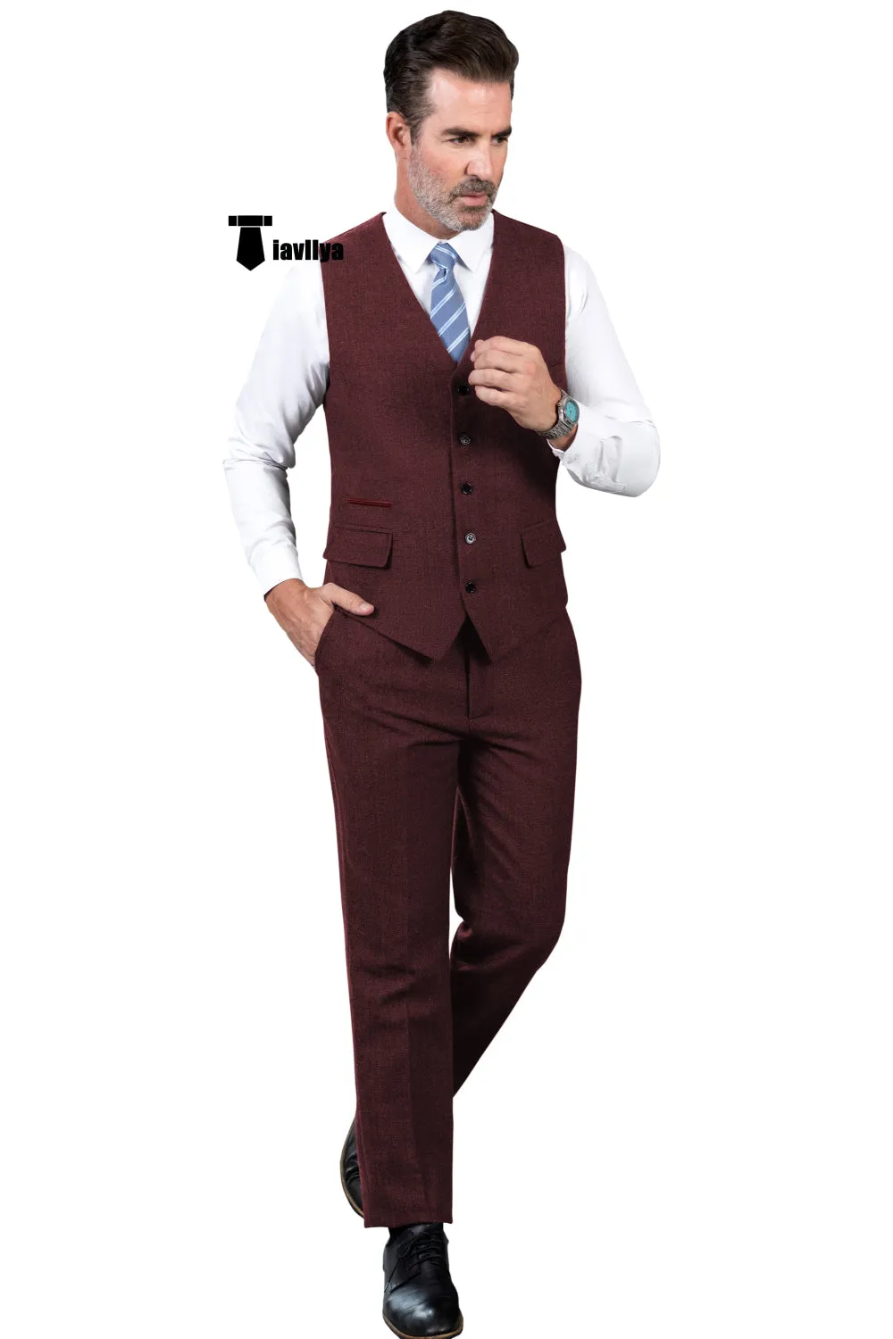 Vintage Classical 2 Pieces Mens Suit Herringbone V Neck Vest Suit For Wedding (Vest   Pants)