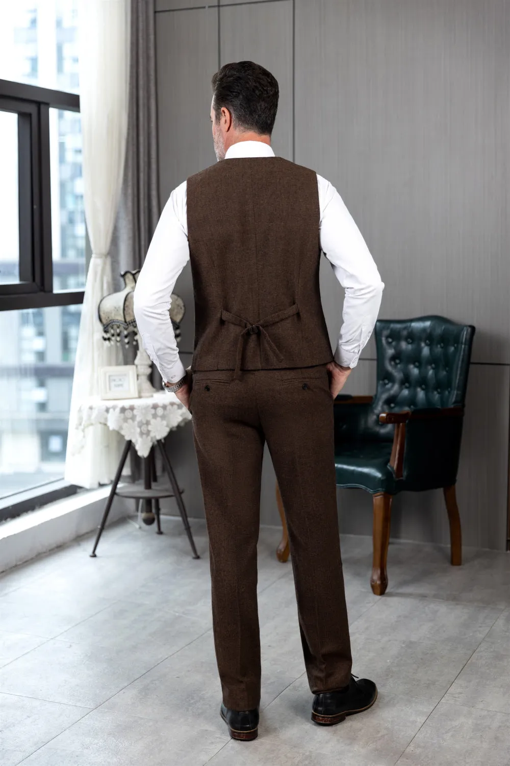 Vintage Classical 2 Pieces Mens Suit Herringbone V Neck Vest Suit For Wedding (Vest   Pants)