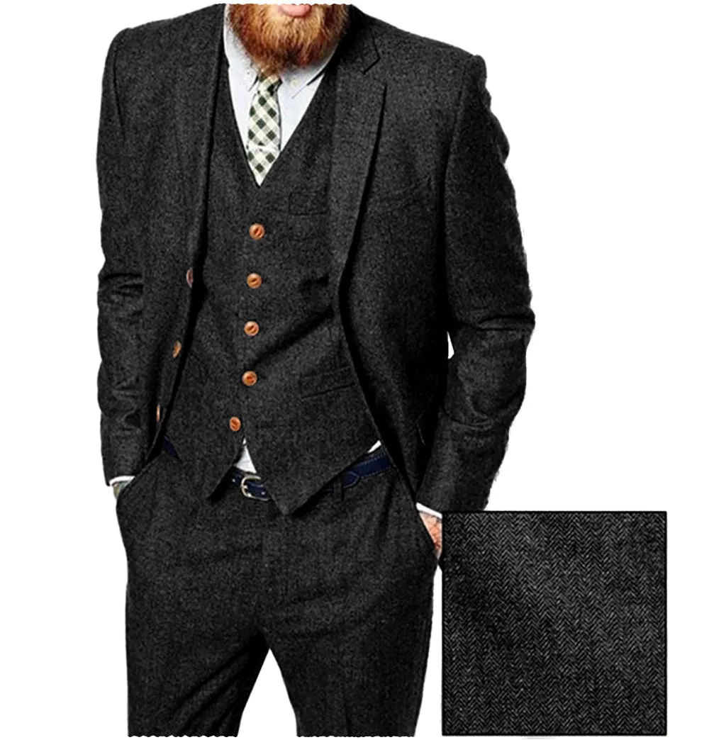 Vintage Classical 3 Pieces Mens Suit Herringbone Tweed Notch Lapel Tuxedos (Blazer vest Pants)