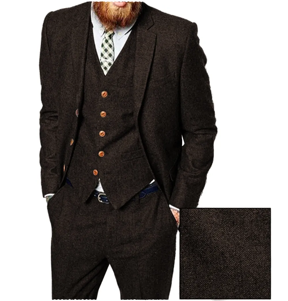 Vintage Classical 3 Pieces Mens Suit Herringbone Tweed Notch Lapel Tuxedos (Blazer vest Pants)