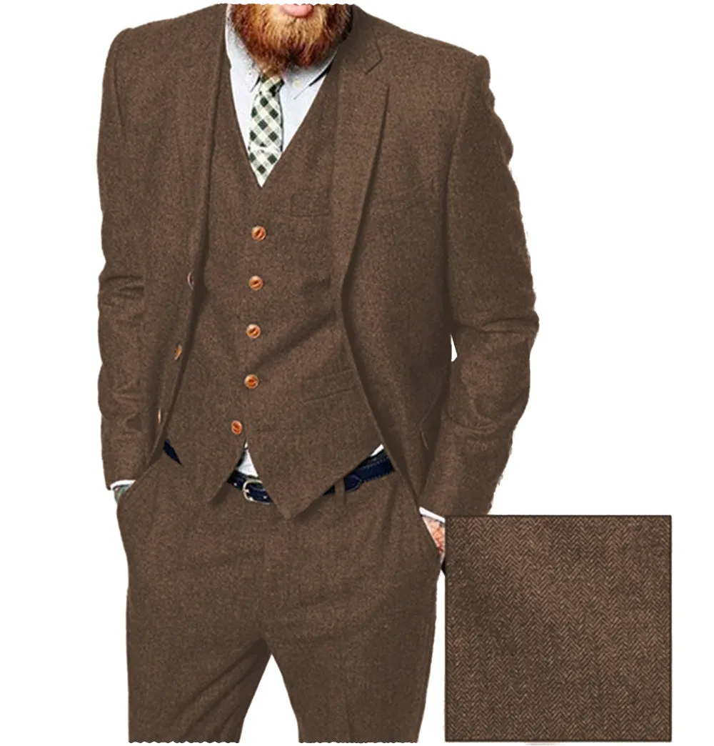 Vintage Classical 3 Pieces Mens Suit Herringbone Tweed Notch Lapel Tuxedos (Blazer vest Pants)