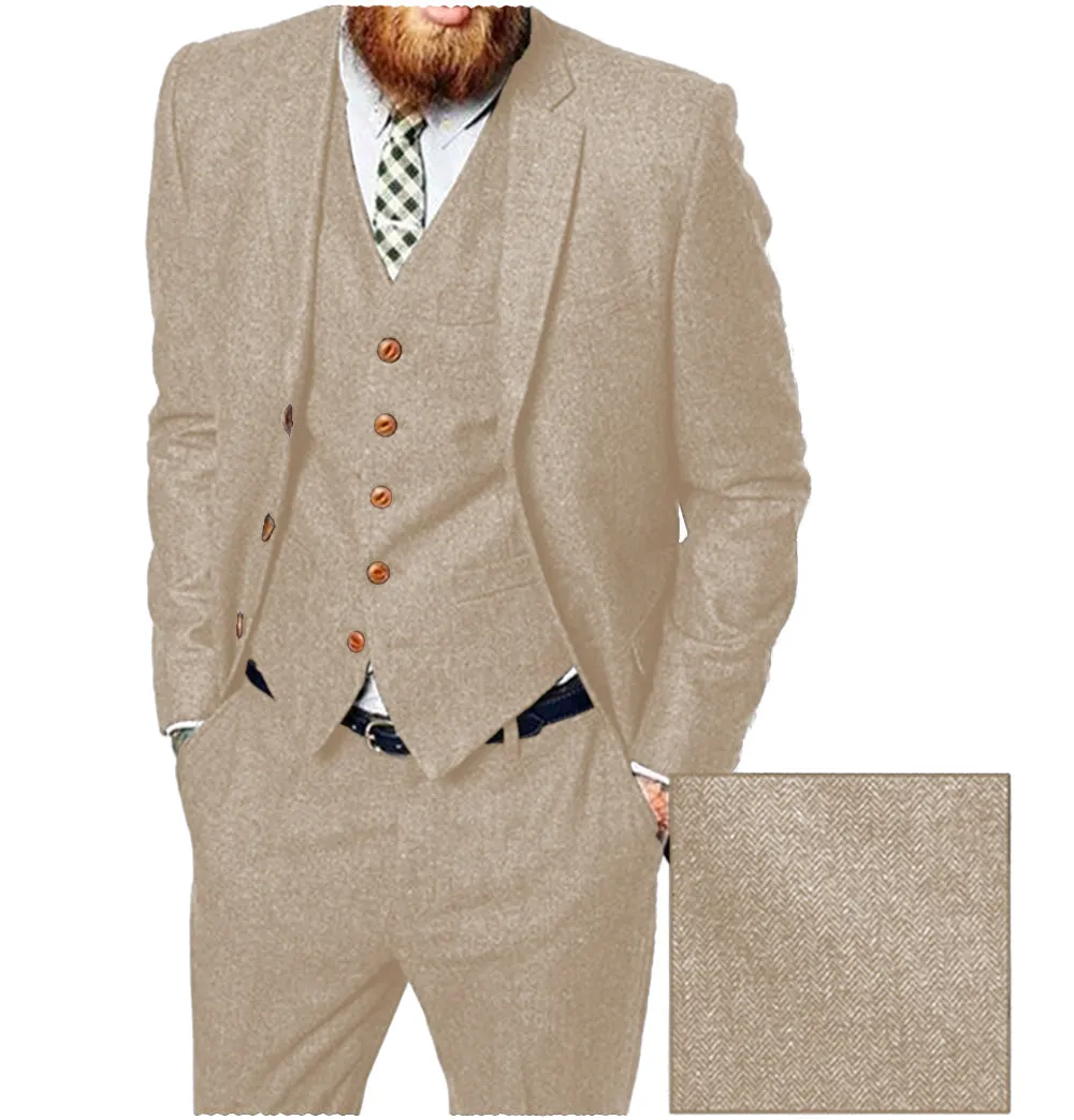 Vintage Classical 3 Pieces Mens Suit Herringbone Tweed Notch Lapel Tuxedos (Blazer vest Pants)
