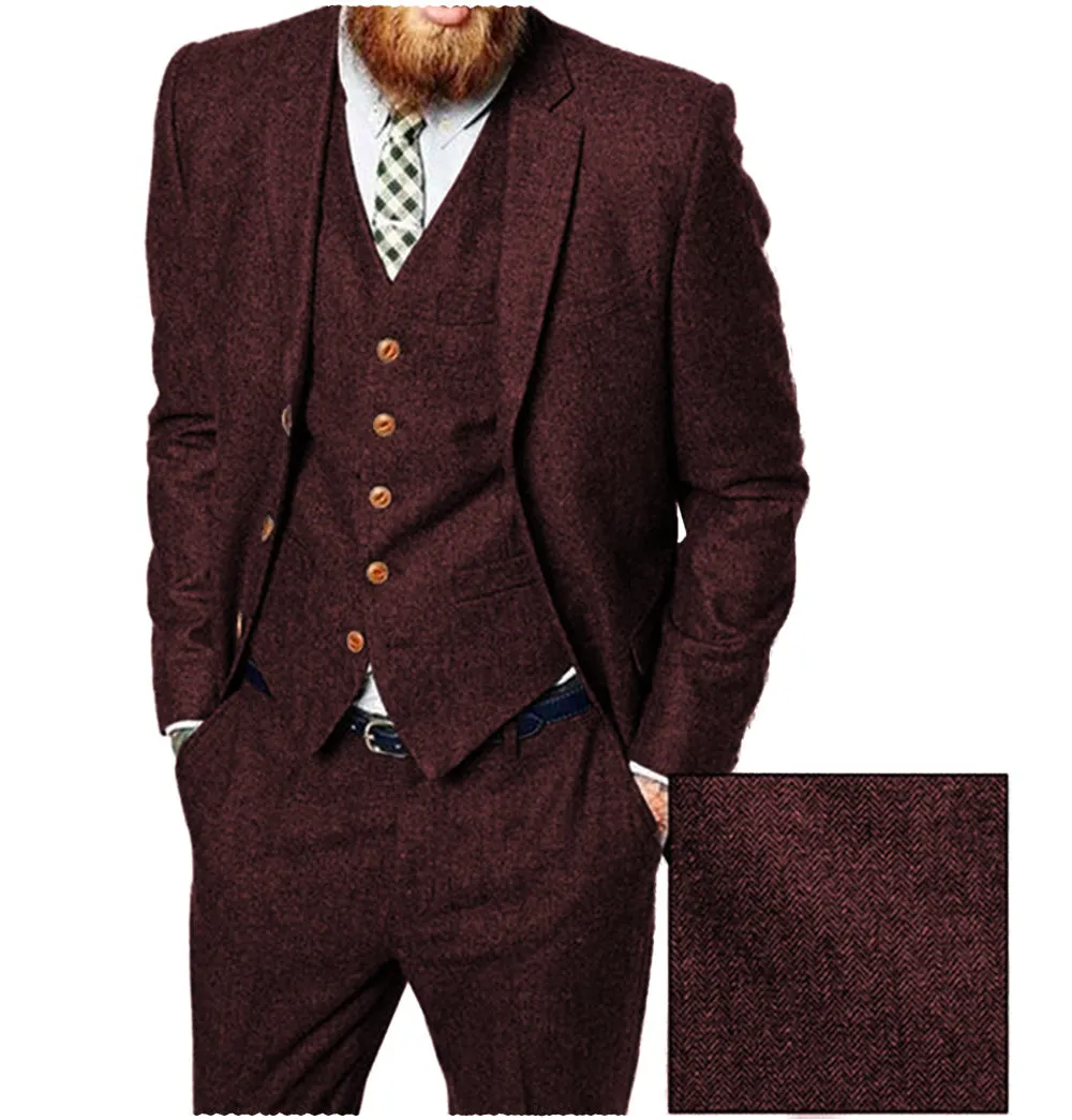 Vintage Classical 3 Pieces Mens Suit Herringbone Tweed Notch Lapel Tuxedos (Blazer vest Pants)