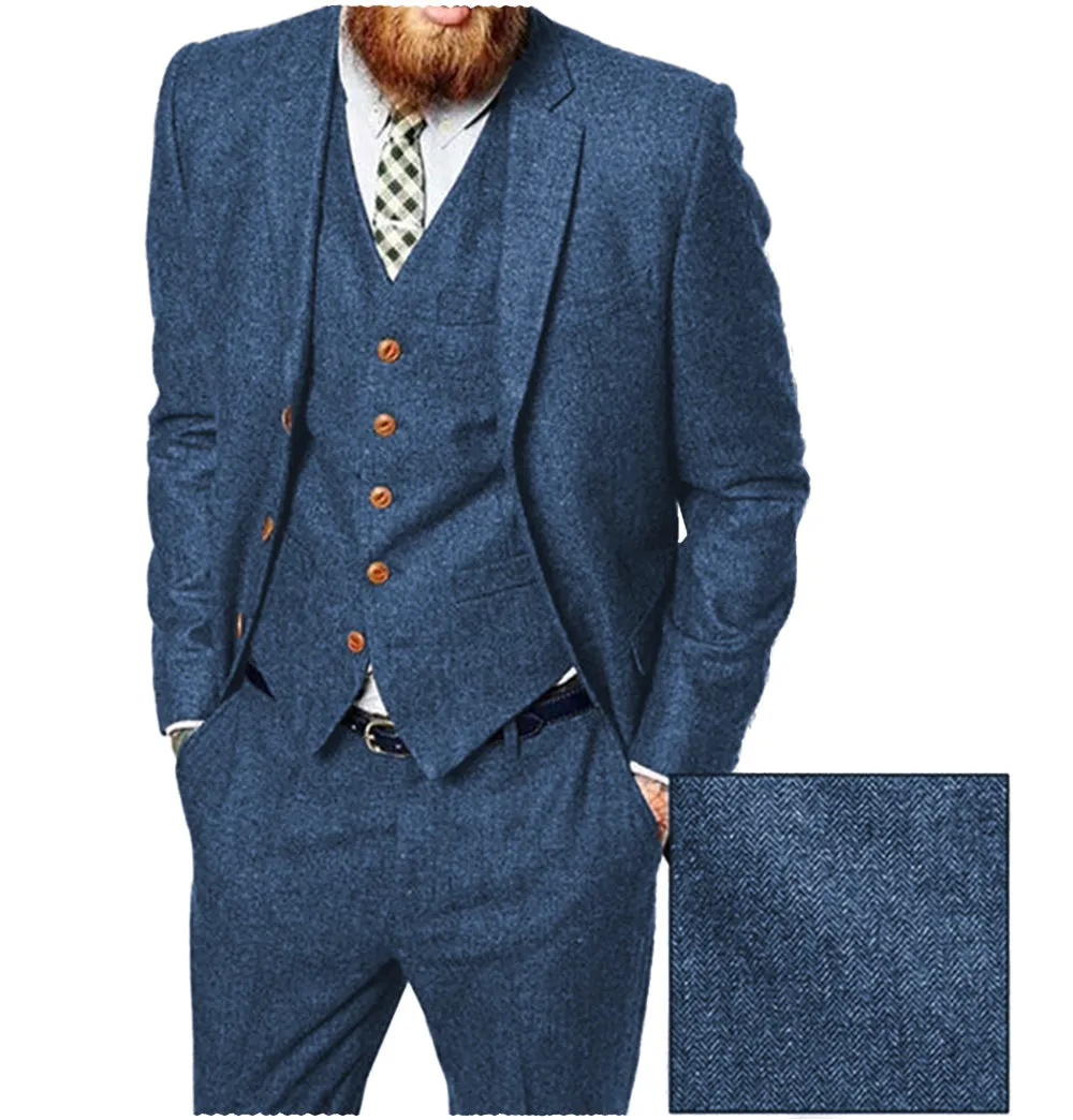 Vintage Classical 3 Pieces Mens Suit Herringbone Tweed Notch Lapel Tuxedos (Blazer vest Pants)