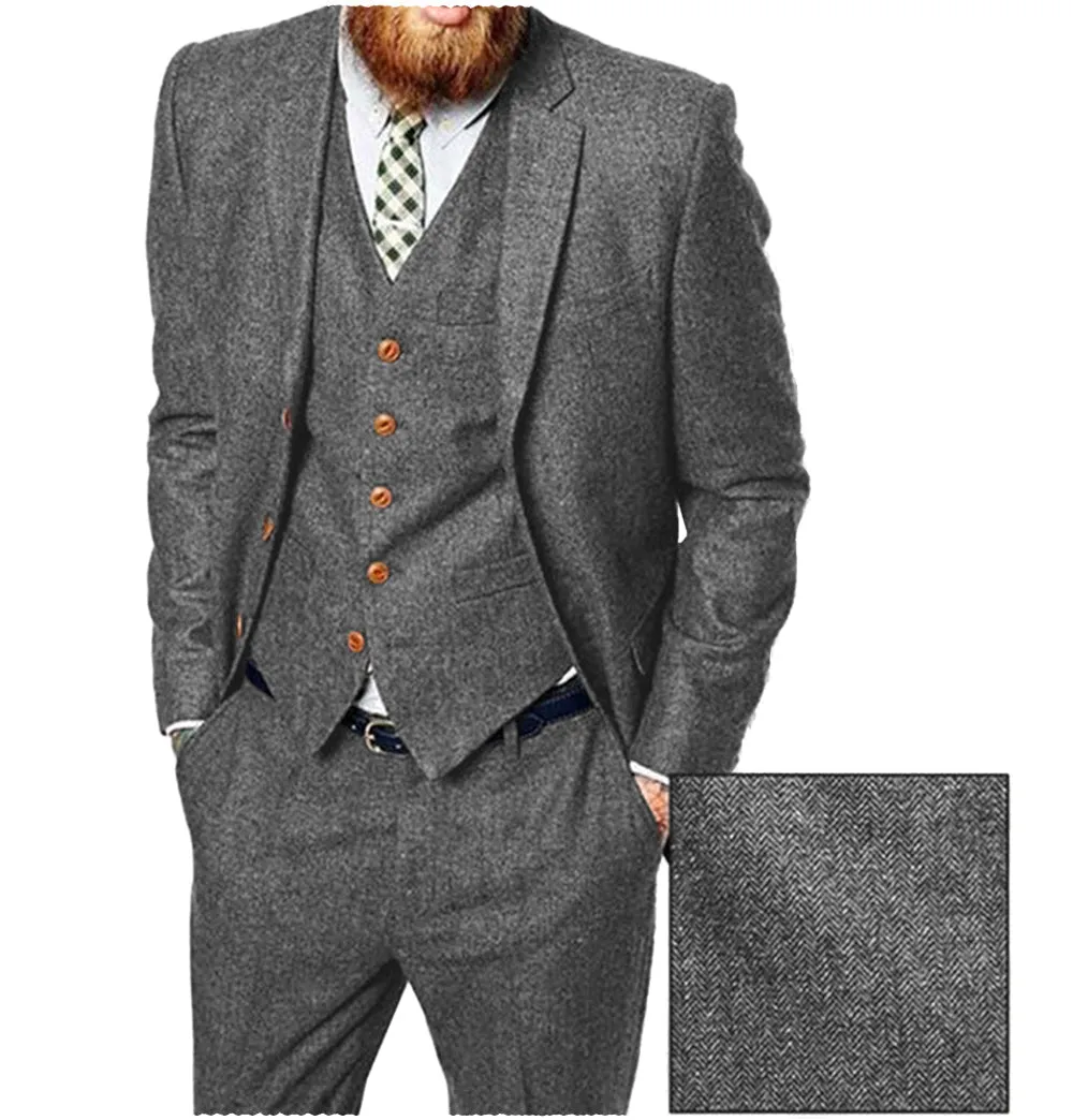 Vintage Classical 3 Pieces Mens Suit Herringbone Tweed Notch Lapel Tuxedos (Blazer vest Pants)