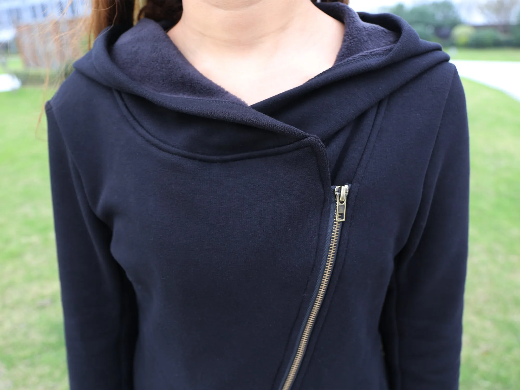 Women Jacket/Black Hooded Jacket with Zipper/Cotton Fleece Cardigan/Hood Fleece Coat(Y3119)