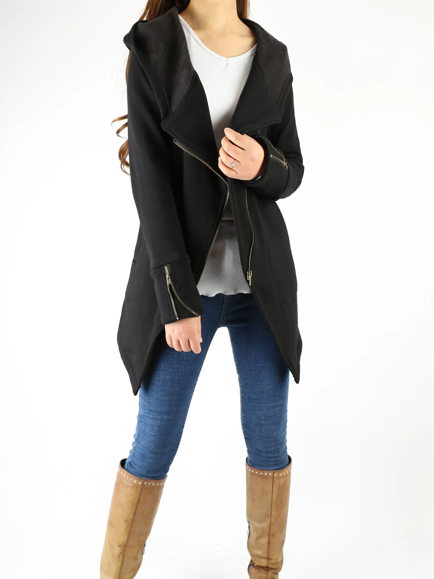 Women Jacket/Black Hooded Jacket with Zipper/Cotton Fleece Cardigan/Hood Fleece Coat(Y3119)