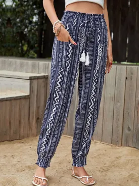 Women's Tribal Print Pants - High Smocked-Waist Summer Pencil Trousers
