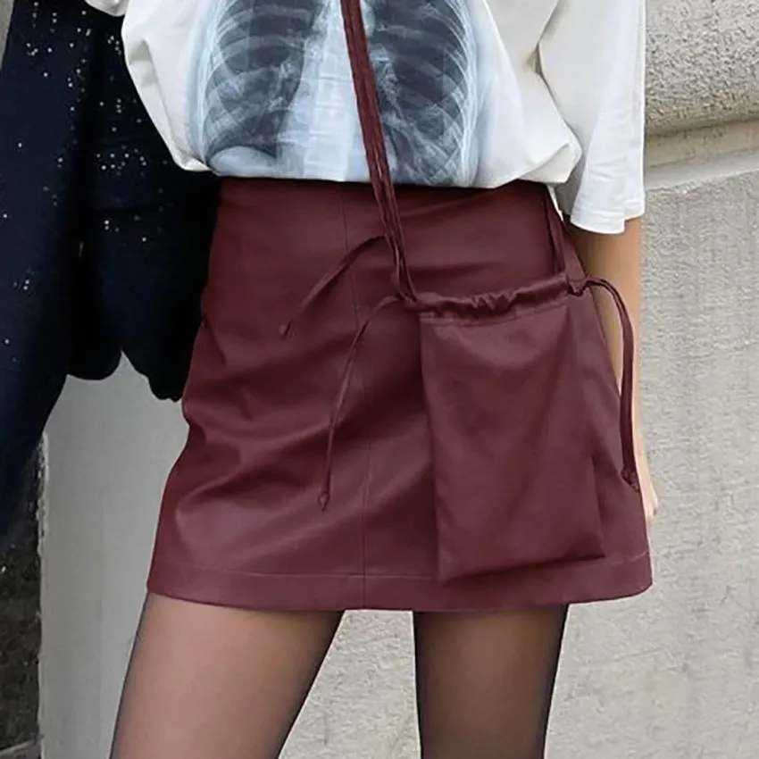 Women's Vintage Burgundy Fleece-Lined Matte PU Leather High-Waist Skirt