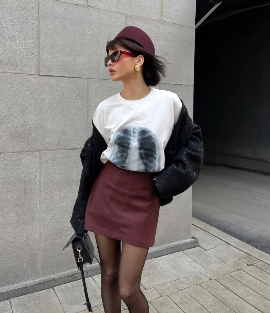 Women's Vintage Burgundy Fleece-Lined Matte PU Leather High-Waist Skirt