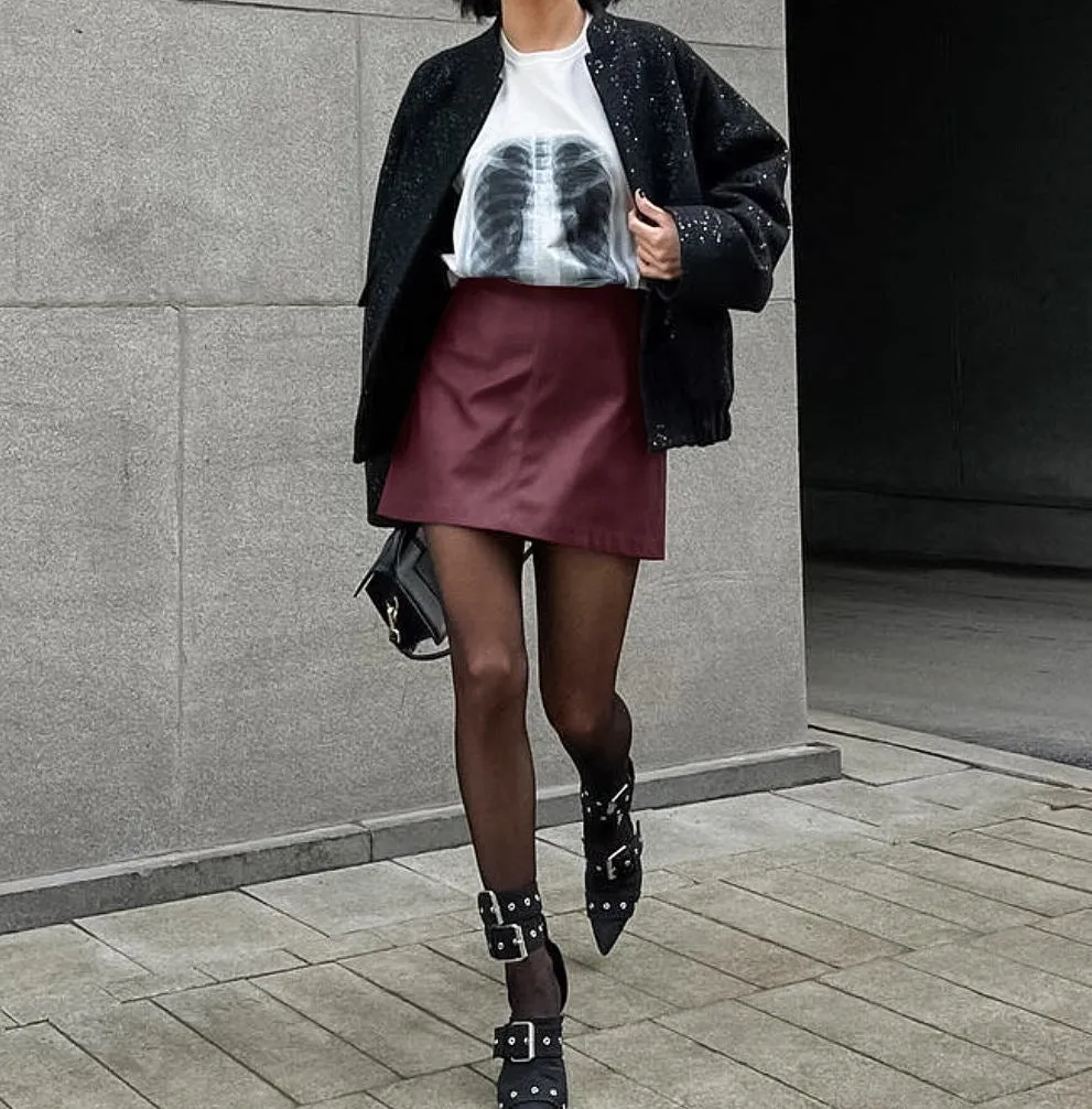 Women's Vintage Burgundy Fleece-Lined Matte PU Leather High-Waist Skirt