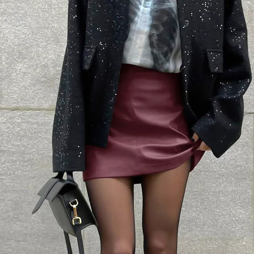 Women's Vintage Burgundy Fleece-Lined Matte PU Leather High-Waist Skirt