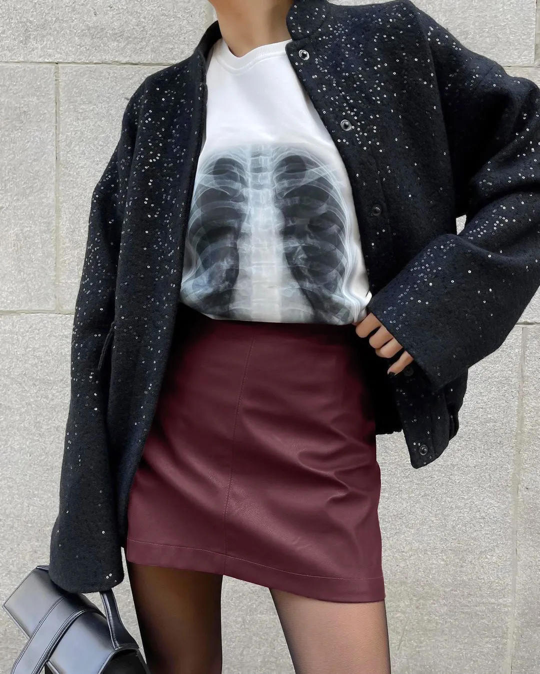 Women's Vintage Burgundy Fleece-Lined Matte PU Leather High-Waist Skirt