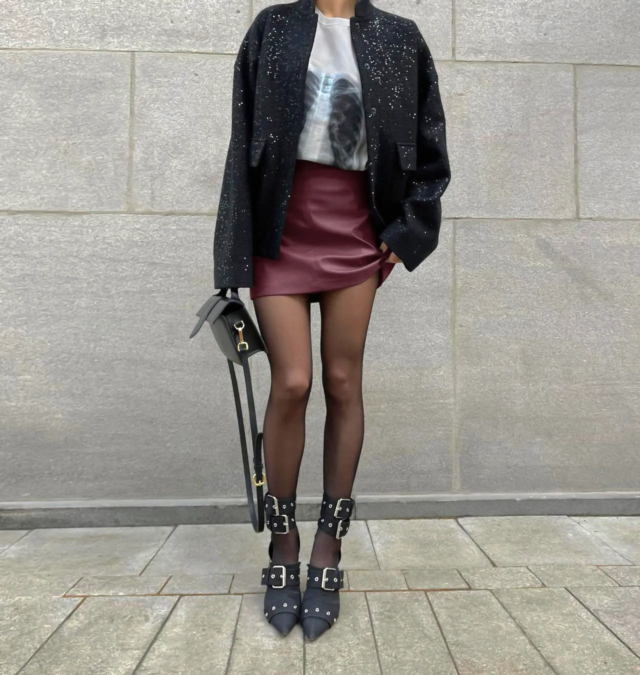 Women's Vintage Burgundy Fleece-Lined Matte PU Leather High-Waist Skirt