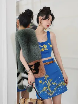 Wool hand-beaded yellow crystal stones  top   skirt two-piece set - oiego